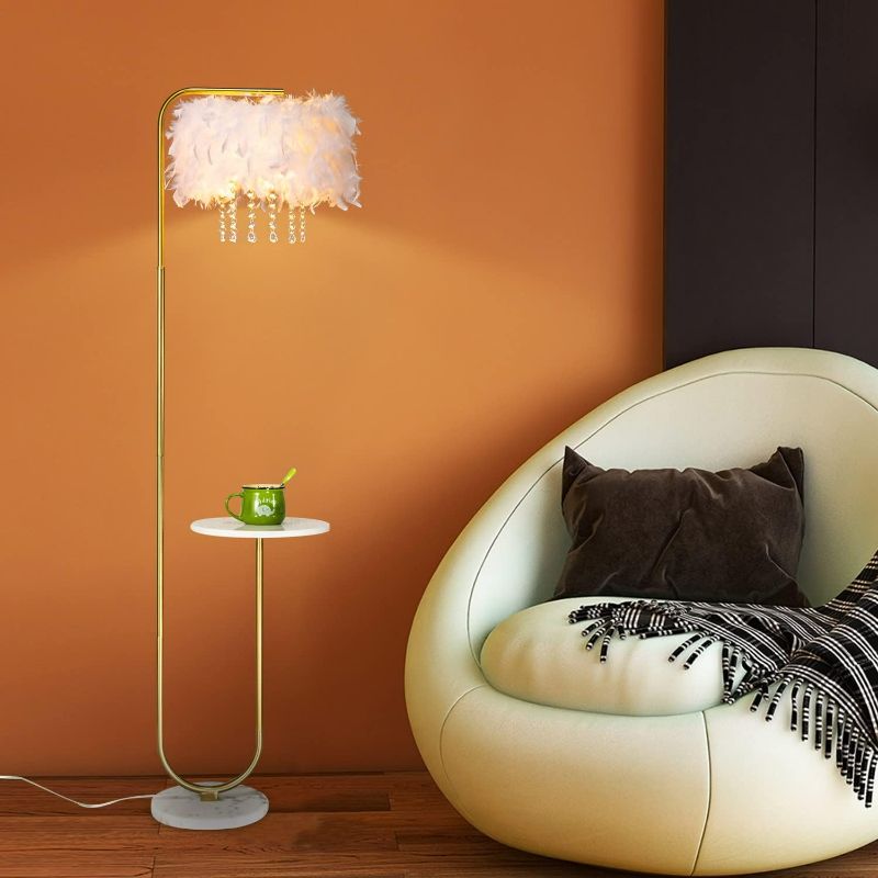 Photo 1 of Unique Led White Feather Floor Lamp with Tray, Ostrich Feather Stand Lamp, Living Room Bedroom Office Shop Window Decoration Lamp, Foot Switch and Brass/Gold Finish Arc Floor Lamp