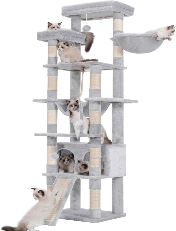 Photo 1 of Heybly Tall Cat Tree,78 inch Multi-level Cat Tower for Indoor Cats,2 Widened Plush Perches Cat Condo with Scratching Board and Big Caves, Light Gray HCT033W