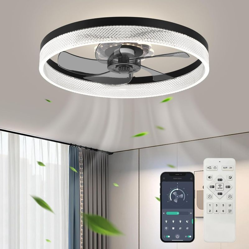 Photo 1 of 20‘’ Ceiling Fan with Light, 2024 Upgraded, Low Profile Fan, Flush Mount Ceiling Fan, 6 Speeds, Dimmable LED, App & Remote Control, Quiet DC Motor, For Bedroom, Living Room, F093 Black-D