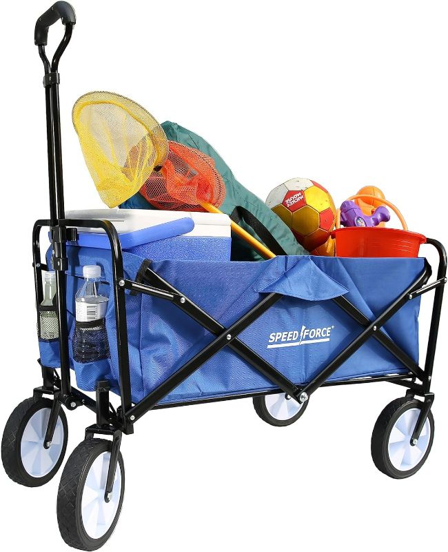Photo 1 of SPEEDFORCE Collapsible Folding Wagon, Utility Beach Wagon Cart, Side Pockets and Adjustable Handlebar, All Terrain Stroller Wagon for Outdoor Activities, Camping, Garden. Blue