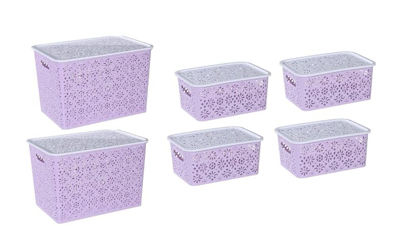 Photo 1 of ANMINY 6PCS Plastic Storage Bins Set with Lids Handles Stackable Lidded Storage Baskets Boxes Home Kitchen Closet Shelf Cubes Organizer Containers Weave Hollow Design 1 Large 1 Medium 4 Small - Purple With White Lids
