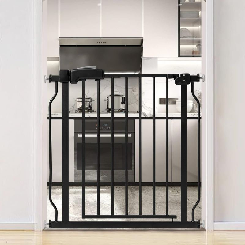 Photo 1 of 23.3-28" Wide Baby Gate for The House Indoor, 30" Tall Dog Gate for Doorways & Stairs, Metal Pressure Mounted Tension Child Safety Gate for Pet with Walk Thru & Auto Close, Black