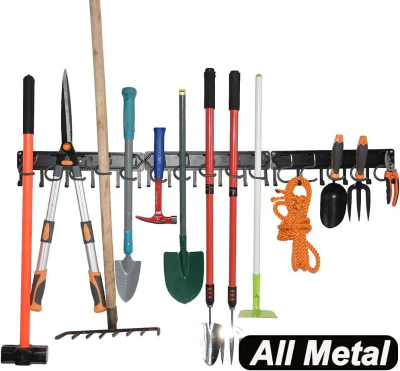 Photo 1 of (48 Inches) All Metal Garden Tool Organizer, Adjustable Garage Wall Organizers and Storage, Heavy Duty Wall Mount Holder with Hooks for Broom, Rake, Mop, Shovel.