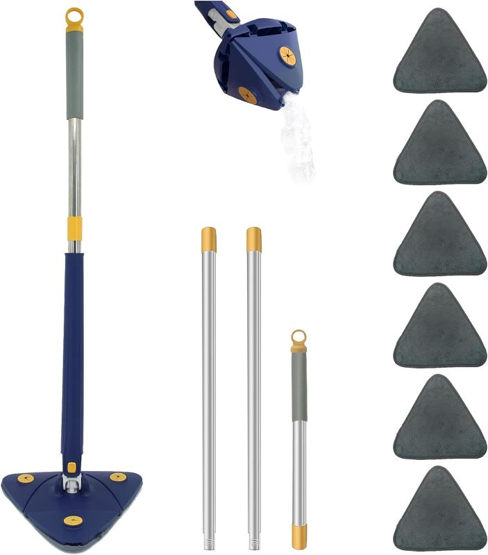 Photo 1 of 360° Rotatable Adjustable Cleaning Mop, Extendable Triangle Mop 360° Rotatable Imitation Hand Twist Quick Dry Mop Automatic Water Squeezing Mop for Floor/Ceiling/Wall (Blue-with 4 Mop Heads)