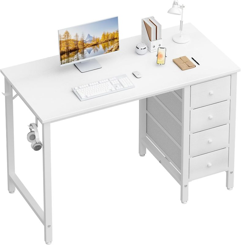 Photo 1 of Lufeiya Small White Desk with Drawers - 40 Inch Kids Girls Teen Cute Study Desk for Bedroom Work, Computer Writing Table Desks with Fabric Drawer for Small Spaces Home Office