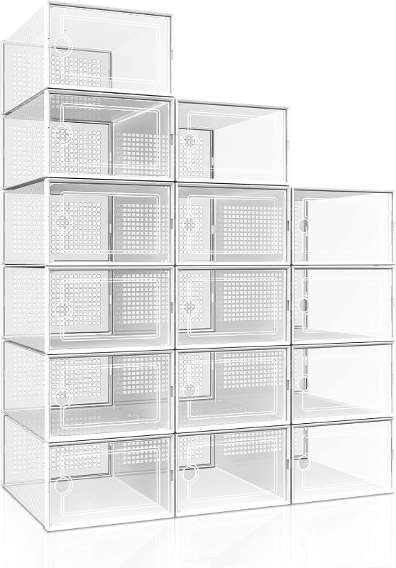 Photo 1 of Hrrsaki Large 15 Pack Shoe Organizer Boxes, Collapsible Shoe Boxes Clear Plastic, Shoe Organizer for Closet, Space Saving Foldable Sneaker Boxes, Shoe Containers for Entryway, Bedroom, New White