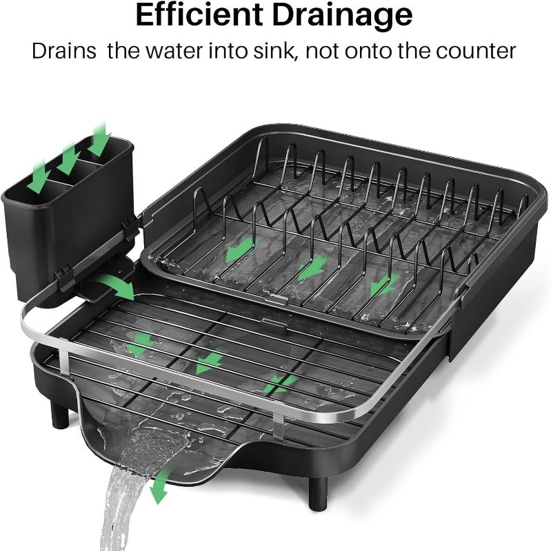 Photo 1 of Dish Drying Rack - Expandable Dish Rack for Kitchen Counter, Stainless Steel Dish Drainer with Drainboard Set and Utensil Holder, Sink Drying Dish Strainer Rack, Black