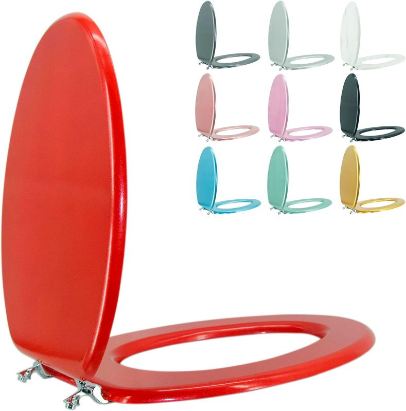 Photo 1 of Elongated Toilet Seat Wood Toilet Seat Prevent Shifting with Zinc Alloy Hinges American Standard Size Toilet Seat Easy to Install also Easy to Clean (Elongated, Sparkling Christmas Red)