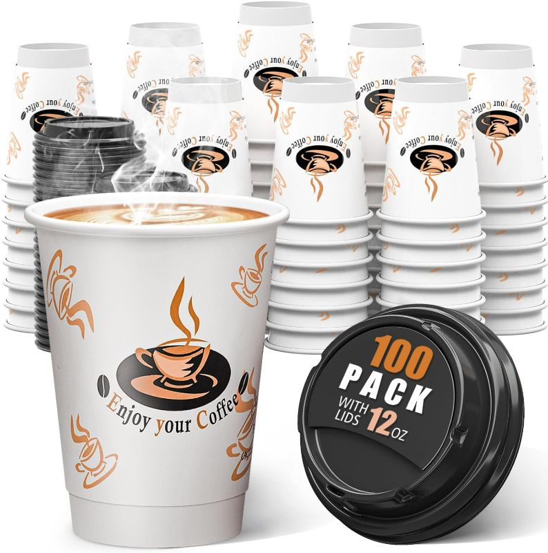 Photo 1 of 100 Pack 12 oz Double Wall Disposable Paper Coffee Cups with Lids, Insulated To Go Coffee Cup, Hot Drinking Cups for Daily use
