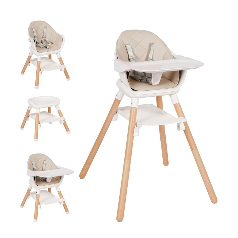 Photo 1 of Baby High Chair, 6 in 1 Wooden Convertible High Chairs for Babies and Toddlers, Booster Seat with Double Tray & Reversible Footrest Baby Highchair, 5-Point Harness Baby Feeding Chair, Beige