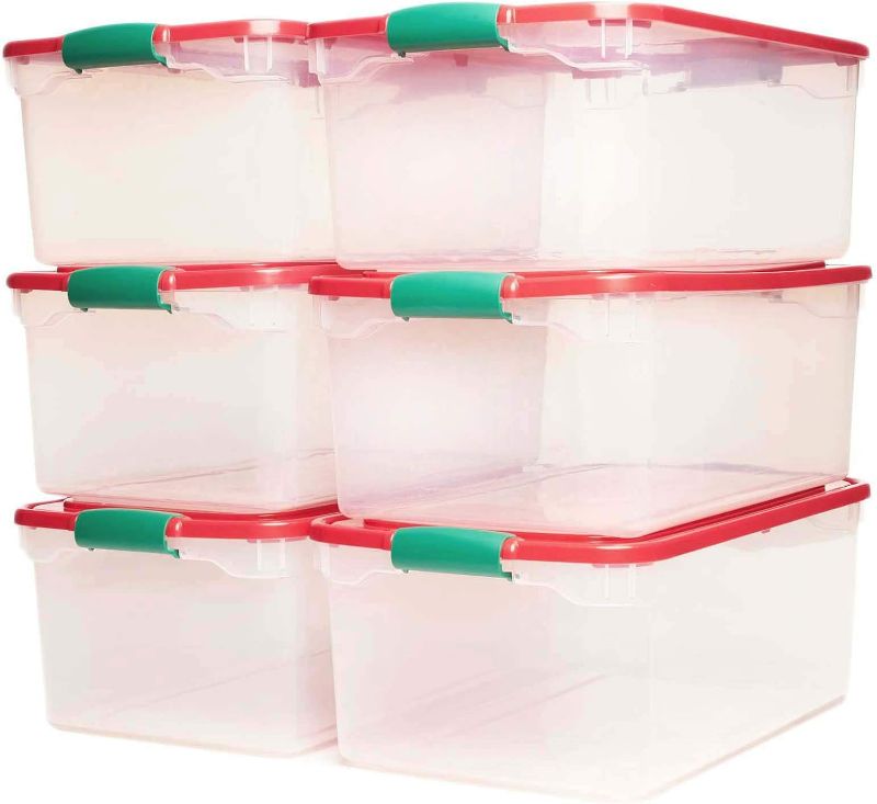 Photo 1 of Homz 64-Quart Holiday Clear Stackable Organizer Plastic Storage Bin Container with Red Tight Latching Lid and Green Handles, Multicolor (6 Pack)