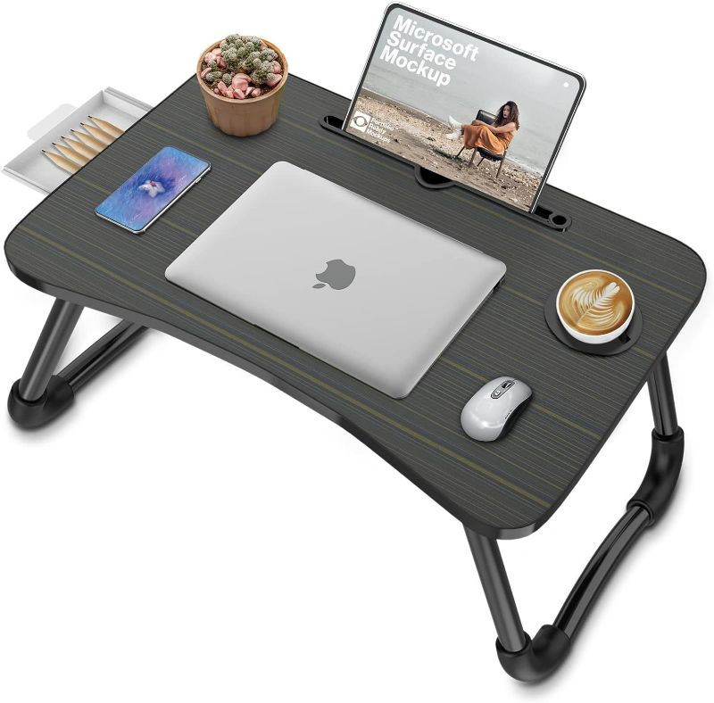 Photo 1 of Foldable Laptop Bed Table Multi-function Lap Bed Tray Table with Storage Drawer and Water Bottle Holder, Serving Tray Dining Table with Slot for Eating, Working on Bed/Couch/Sofa (Arc shape)