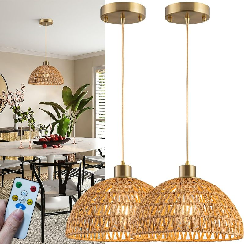 Photo 1 of Battery Operated Pendant Light with Remote-Battery Chandelier Handwoven rattan, Battery Hanging Light 30+Hours Long Life USB Rechargeable Light Bulb, Perfect for Kitchen Island Light