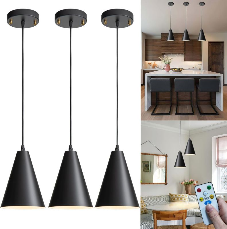 Photo 1 of Battery Operated Pendant Light With Remote, Wireless Hanging Light Without Wiring,3 Pack Pendant Lighting For Kitchen Island, Battery Chandelier With 30hrs Battery Life Rechargeable Light Bulbs