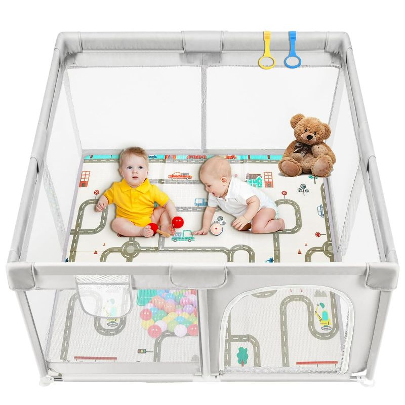 Photo 1 of Baby Playpen with Mat 47"x47" Play Pen for Babies and Toddlers - Large Playpen Safe Baby Players Activity Center Indoor & Outdoor, Light Grey Toddler Playpen with Mesh Gate Kids Play Area