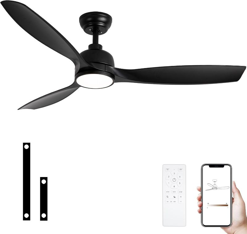 Photo 1 of 52 Inch Ceiling Fan with Lights, Black Modern Ceiling Fan with Remote/APP Control Dimmable 3-color Temperature,2 Rods, Low Profile Ceiling Fan Light for Indoor/Outdoor