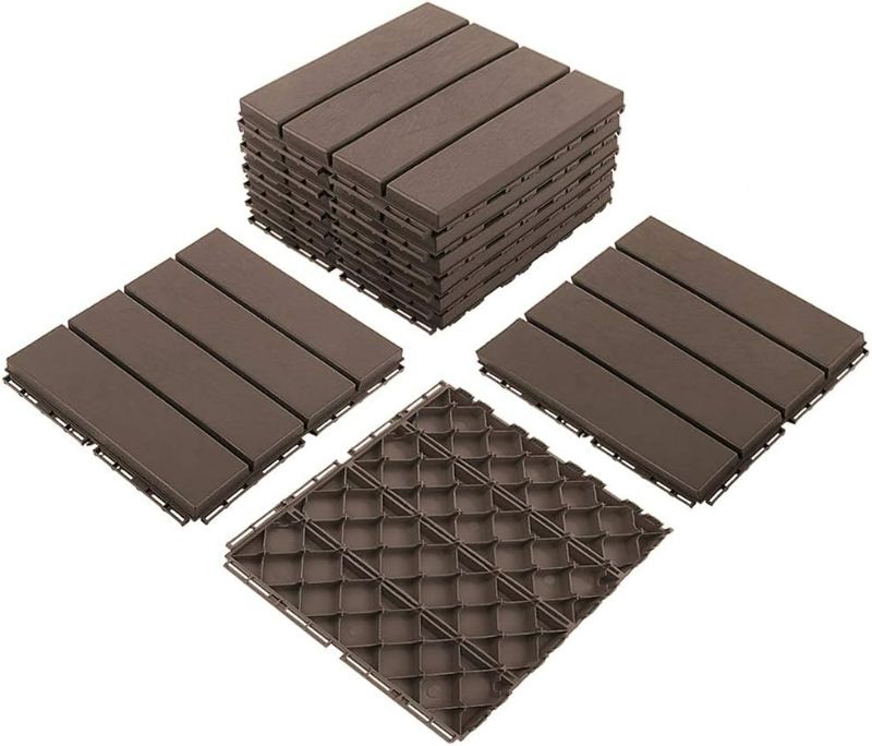 Photo 1 of domi Outdoor Living Patio Deck Tiles, 12 x 12 inches Composite Interlocking Decking Tile, Four Slat Plastic Outdoor Flooring, 9 Pieces One Pack, Dark Brown