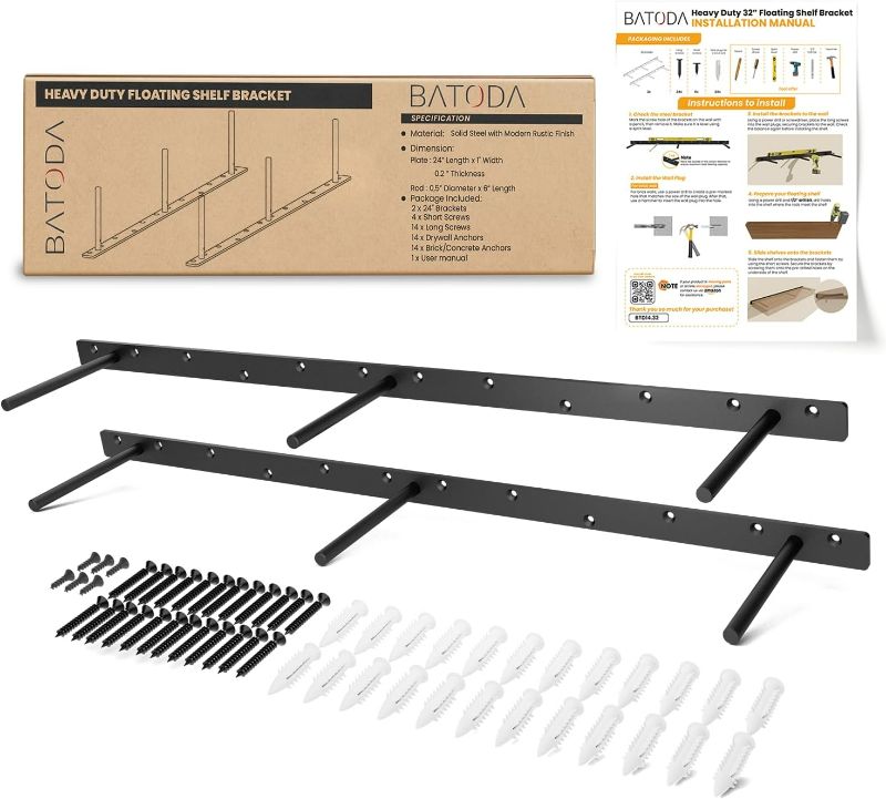 Photo 1 of BATODA 32" Heavy Duty Floating Shelf Bracket (2 pcs) – Solid Steel Blind Shelf Supports - Hidden Brackets for Floating Wood Shelves Kitchen, Living Room - Shelving Mounting Hardware Included (Pack 4)