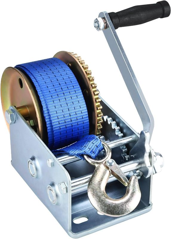 Photo 1 of 2500 lbs Boat Trailer Winch - Heavy Duty Hand Winch with 33 FT Polyester Strap & Hook, Two-Way Ratchet Portable Manual Crank Winch for ATV UTV Boat Marine Towing