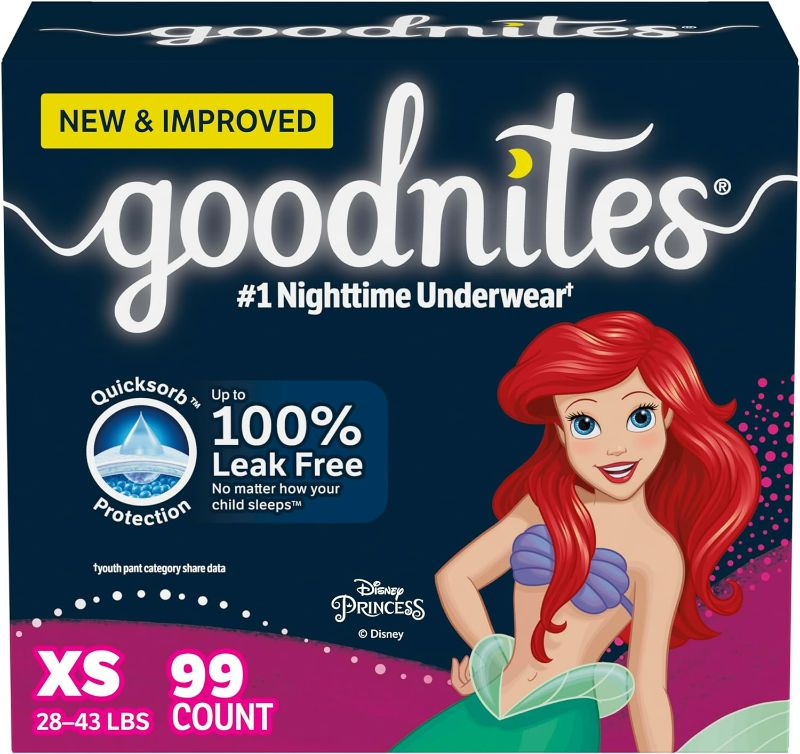 Photo 1 of Goodnites Girls' Nighttime Bedwetting Underwear, Size Extra Small (28-43 lbs), 99 Ct, Packaging May Vary