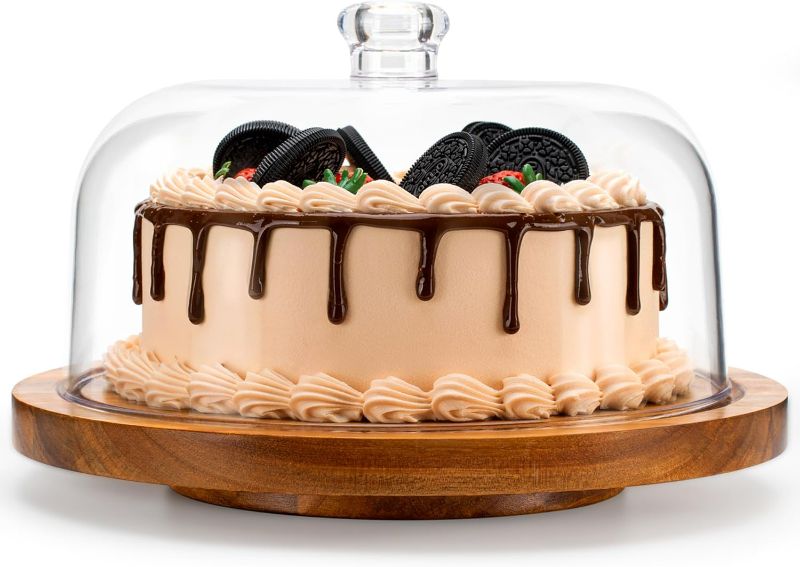 Photo 1 of Bellsal Acacia Wood Cake Stand with Shatterproof Acrylic Dome, Versatile Cake Display Server Tray for Baking Gifts, Kitchen Party, Weddings