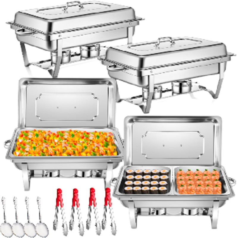 Photo 1 of 4 Pack Chafing Dish Buffet Set, 8qt Stainless Steel Foldable Chafer Full Size Rectangular Chafers and Buffet Warmer with Covers Food Tongs and Spoons for Parties Catering Events Wedding Banquet