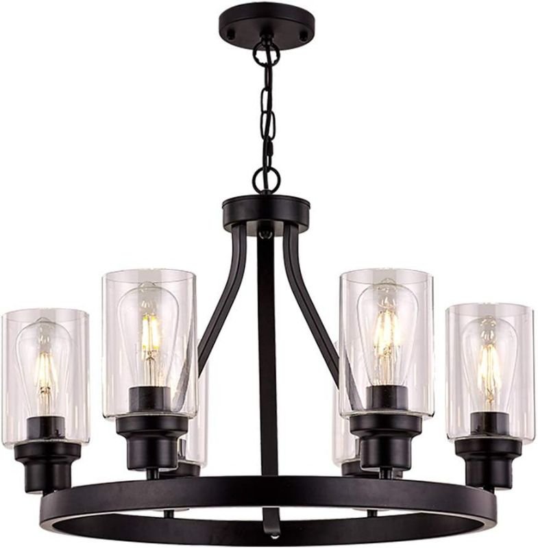 Photo 1 of Farmhouse Chandelier Lighting Round 6 Lights Black with Glass Shade Ceiling Hanging Vintage Rustic Light Fixture for Dining Room Living Room Foyer Porch Kitchen Island