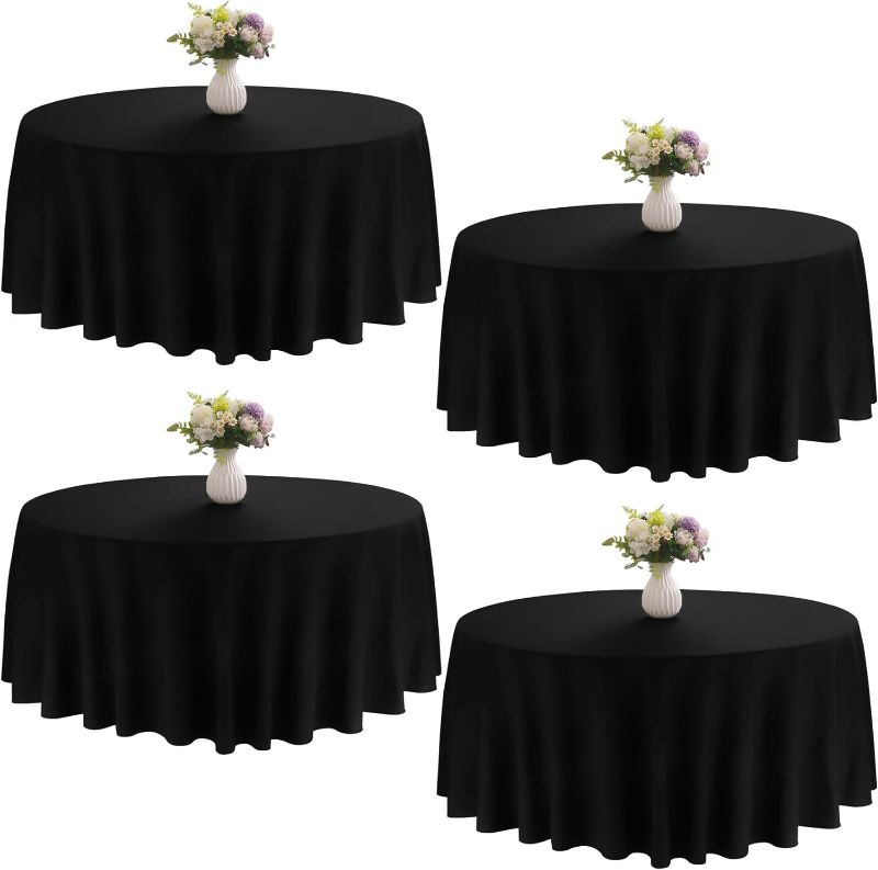 Photo 1 of JALANCY 4 Pack Round Tablecloth 90 Inch Black Polyester Round Table Cloth for Round Tables Washable Fabric Table Covers for Wedding Dining Table Buffet...
