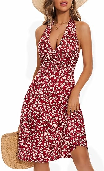 Photo 1 of (S) HUHOT Women's Summer Sundress Sleeveless Halter Neck Spring Boho Floral with Pocket Elastic Waist Ruffle Mini Dresses 2024
