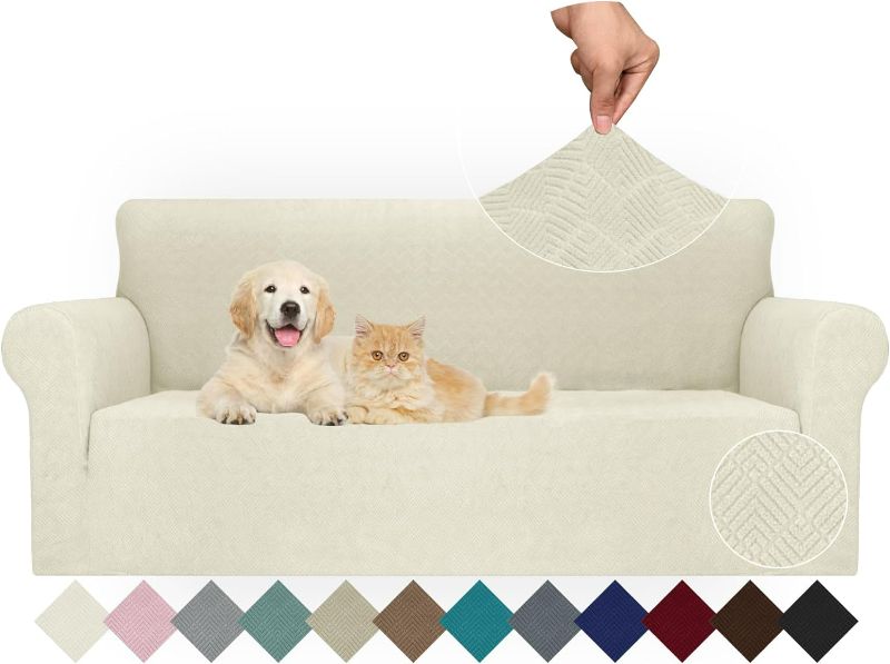 Photo 1 of JIVINER Stretch Sofa Covers 1 Piece Couch Covers for 3 Cushion Couch Sofa, 3 Seater Sofa Slipcovers Furniture Protector with Elastic Bottom for Kids, Pets (Large, Beige Rhomb)
