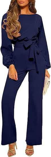 Photo 1 of Size 1XL Happy Sailed Womens Loose Long Sleeve Belted Wide Leg Pant Romper Jumpsuit Business Casual One Piece Outfits
