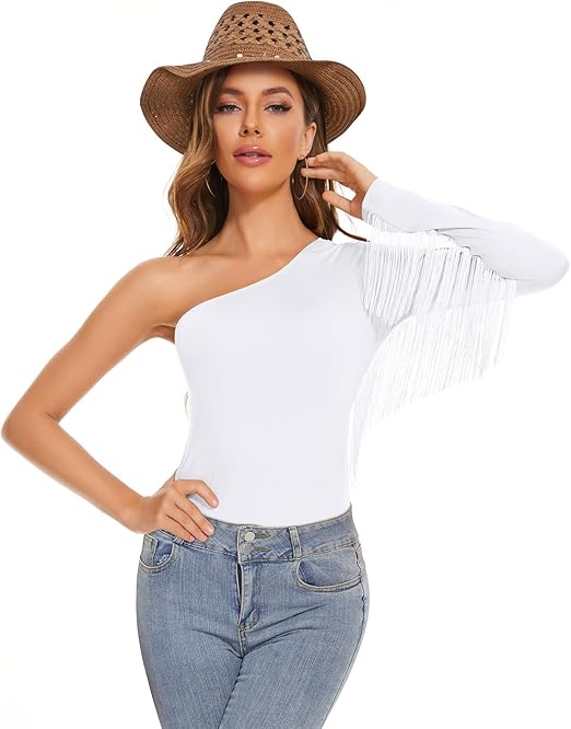 Photo 1 of (S) American Trends Women's Fringe Trim One Shoulder Long Sleeve Body Suits Concert Outfits Long Sleeve Bodysuit Tank Top
