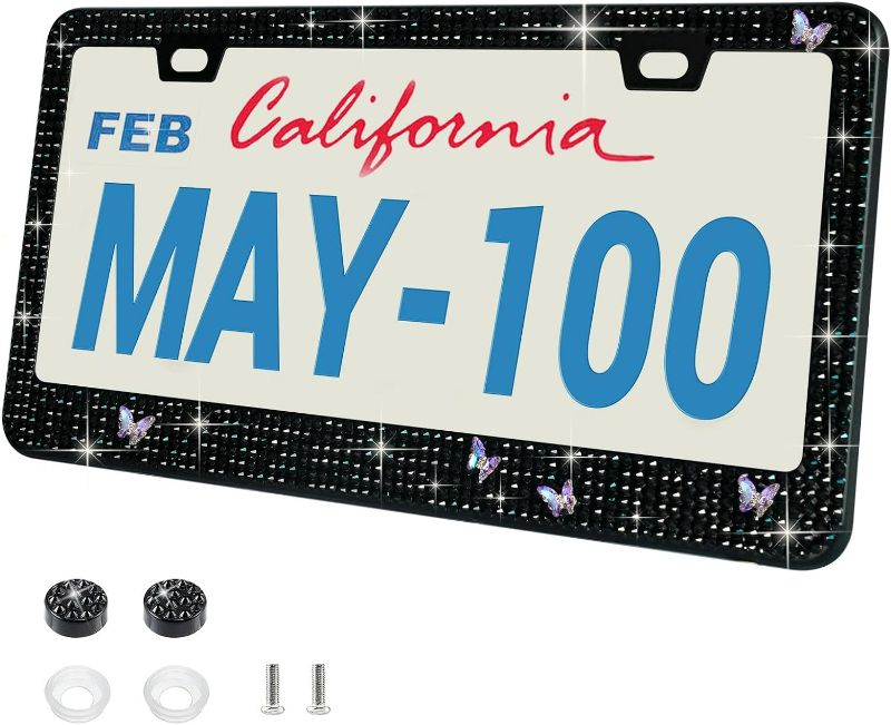 Photo 1 of 1 Pack Bling License Plate Frame for Women, Sparkly License Plate Holder, Black Rhinestone License Plate Frame, Cute Diamond Car License Plate Frame(with Light Purple Butterfly)
