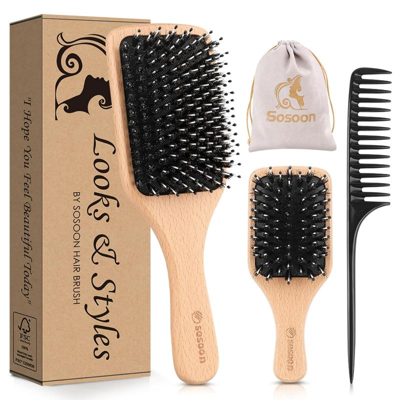 Photo 1 of Hair Brush, 2 Pack Boar Bristle Paddle Hairbrush for Women Men Kids Reducing Frizzy, No More Tangle, Small Travel Brush Tail Comb & Giftbox Included
