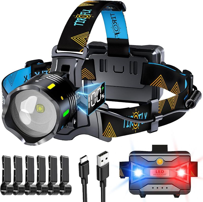 Photo 1 of 160,000LM Brightest 10 Kind Modes Headlamp Red Blue Warning & Energy Saving, 90H Battery Standby & Zoom LED Head Lamp, IP68 Waterproof & 90°Adjustable Headlight for Outdoor Camping Hiking Hunting
