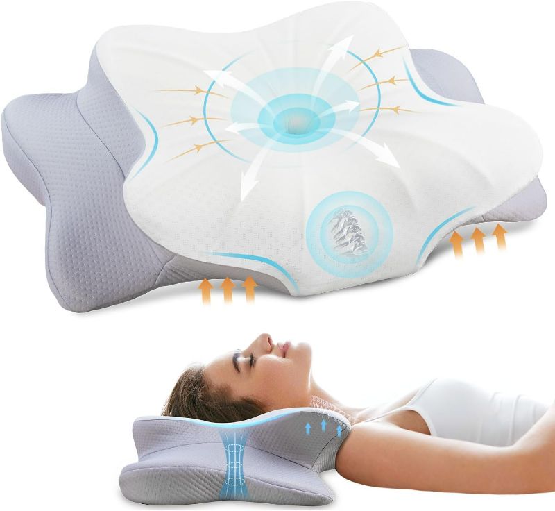 Photo 1 of Cervical Pillow for Neck Pain Relief Ergonomic Contour Memory Foam Pillows for Sleeping with Washable Pillowcase, Orthopedic Neck Support Pillow for Side Back Stomach Sleeper, JK79-XQ, Gray
