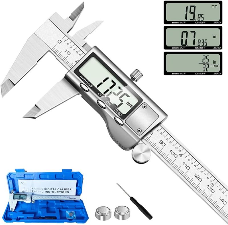 Photo 1 of Digital Caliper Measuring Tool, Stainless Steel Vernier Caliper Digital Micrometer with Large LCD Screen, Easy Switch from Inch Metric Fraction, 6 Inch Caliper Tool for DIY/Household
