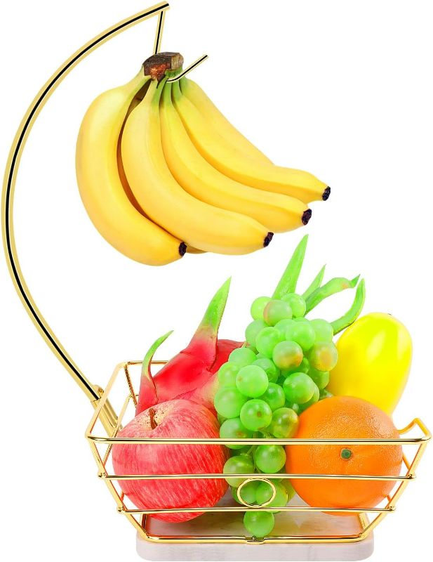 Photo 1 of Countertop Fruit Basket Bowl with Banana Hanger, Modern Standing Fruit Vegetable Bowl Storage, with Banana Tree Holder for Kitchen Dinning Table (Square Marble, Gold)
