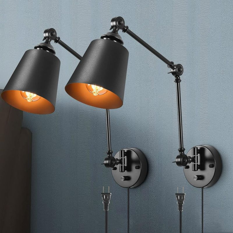 Photo 1 of DIMMABLE Swing Arm Plug in Wall Lamps Set of 2, Plug-in Wall Sconce with Dimmer Switch Cord, Matte Black Metal Industrial Reading Light Fixture Wall Mounted for Bedside Bedroom Living Room
