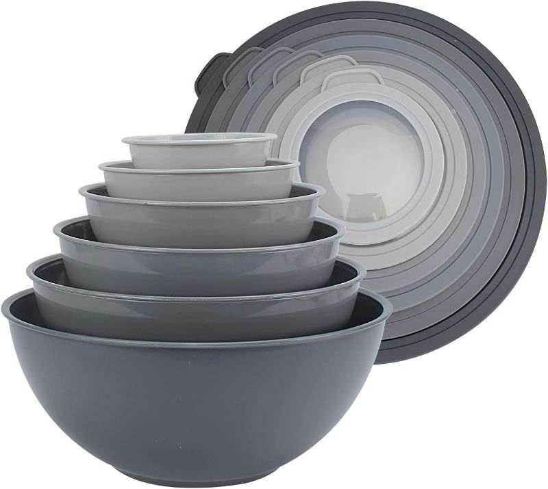 Photo 1 of COOK WITH COLOR Mixing Bowls Set with TPR Lids - 12 Piece Plastic Nesting Bowls Set includes 6 Prep Bowls and 6 Lids, Microwave Safe (Grey)
