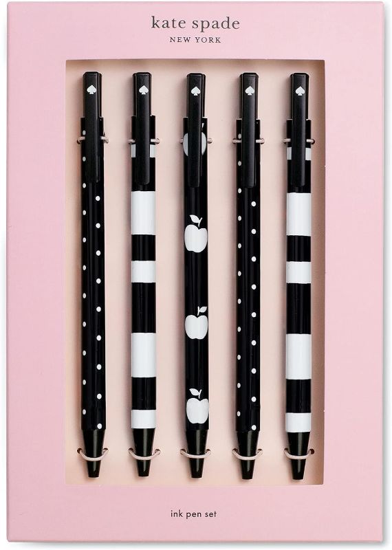 Photo 1 of Kate Spade New York Black Ink Pen Set of 5, Cute Plastic Click Pens, Dots and Stripes
