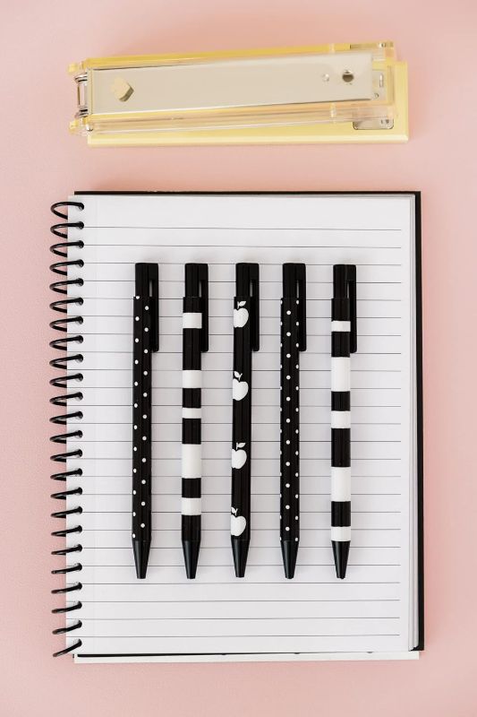 Photo 2 of Kate Spade New York Black Ink Pen Set of 5, Cute Plastic Click Pens, Dots and Stripes
