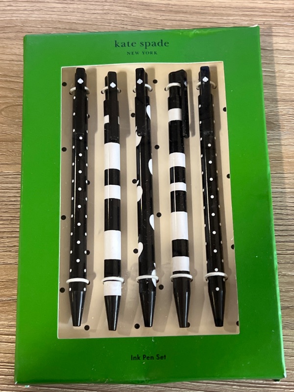 Photo 3 of Kate Spade New York Black Ink Pen Set of 5, Cute Plastic Click Pens, Dots and Stripes

