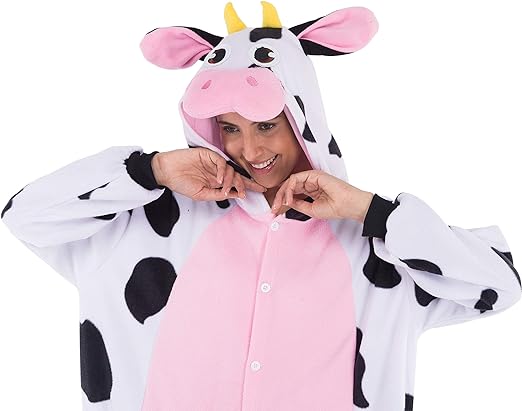 Photo 2 of Spooktacular Creations Unisex Adult Pajama Plush jumpsuit One Piece Cow Animal Costume Size Medium
