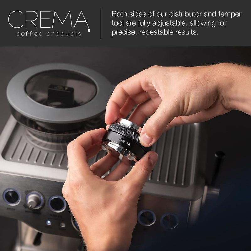 Photo 2 of Crema Coffee Products | 53.3mm Coffee Distributor/Leveler & Hand Tamper | Fits 54mm Breville Portafilters | Double Sided, Adjustable Depth | Beautiful Espresso Hand Tampers
