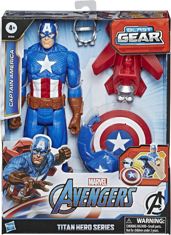 Photo 2 of Avengers Marvel Titan Hero Series Blast Gear Captain America, 12-Inch Toy, with Launcher, 2 Accessories and Projectile, Ages 4 and Up , Blue
