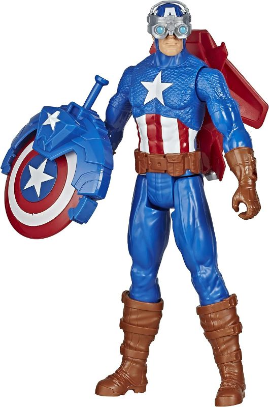 Photo 1 of Avengers Marvel Titan Hero Series Blast Gear Captain America, 12-Inch Toy, with Launcher, 2 Accessories and Projectile, Ages 4 and Up , Blue
