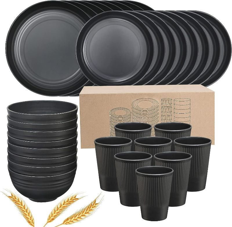Photo 1 of Plates and Bowls Sets for 8, 32-Piece Kitchen Dinnerware Set for 8 Tableware Wheat Straw Dinner Plates, Dessert Plates, Bowls and Cups, Dishes Set for Home Parties Camping - Black
