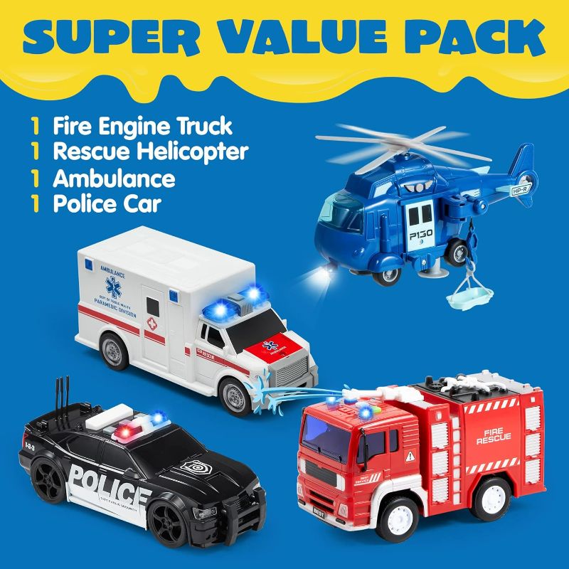 Photo 1 of JOYIN 4 Packs Emergency Vehicle Toy Playsets, Friction Powered Vehicles with Light and Sound, Including Fire Truck, Ambulance Toy, Play Police Car and Toy Helicopter, Best Toddler Kids Boys Gifts
