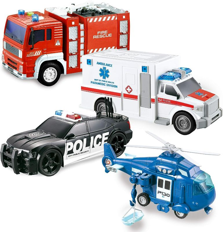 Photo 1 of JOYIN 4 Packs Emergency Vehicle Toy Playsets, Friction Powered Vehicles with Light and Sound, Including Fire Truck, Ambulance Toy, Play Police Car and Toy Helicopter, Best Toddler Kids Boys Gifts
